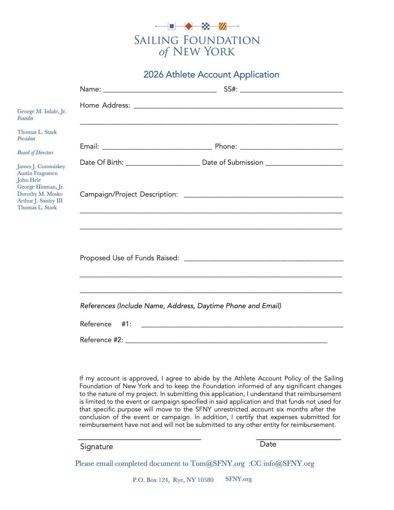 SFNY Athlete Account Application Form